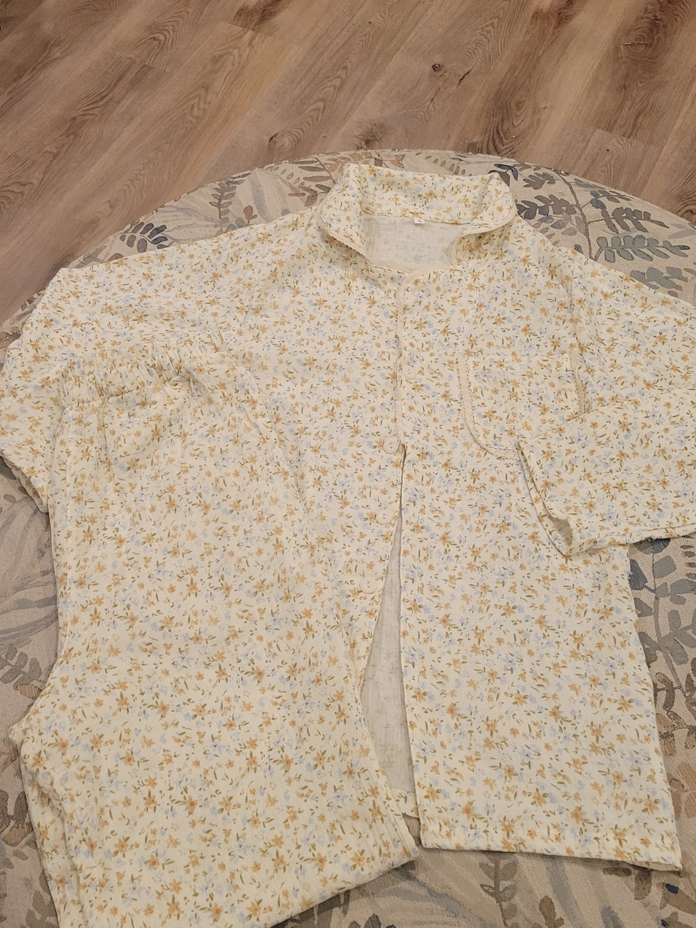Fleece Company Women's Floral Cotton Pajama Set in Cream and Yellow